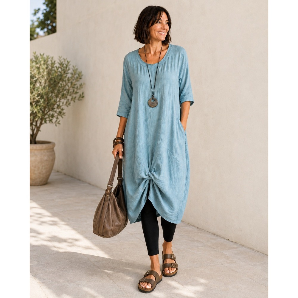 Tulip Karma Blue Abyss Lagenlook Knot Front Gauze Dress Tunic Size S
